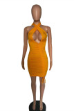 Green Fashion Sexy Solid Hollowed Out Backless Fold Halter Sleeveless Dress