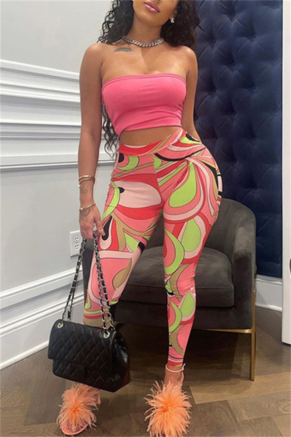 Pink Fashion Sexy Print Backless Strapless Sleeveless Two Pieces