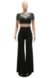 Black Fashion Casual Solid Patchwork Beading O Neck Short Sleeve Two Pieces