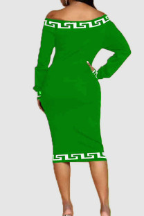 Green Elegant Print Split Joint Off the Shoulder One Step Skirt Dresses