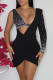 Black Fashion Sexy Patchwork Hot Drilling Hollowed Out Backless V Neck Long Sleeve Dresses