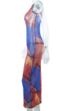 Rose Red Sexy Print Mesh O Neck Pencil Skirt Dresses