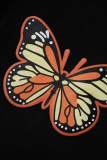Tangerine Red Casual Butterfly Print Patchwork O Neck Short Sleeve Two Pieces