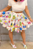 White Fashion Print Patchwork O Neck Short Sleeve Two Pieces