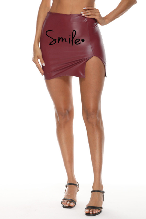 Burgundy Fashion Casual Letter Print Slit Skinny High Waist Skirt