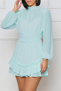 Blue Sexy Casual Solid Split Joint See-through Half A Turtleneck Long Sleeve Dresses