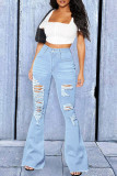 Baby Blue Fashion Casual Solid Ripped High Waist Boot Cut Denim Jeans
