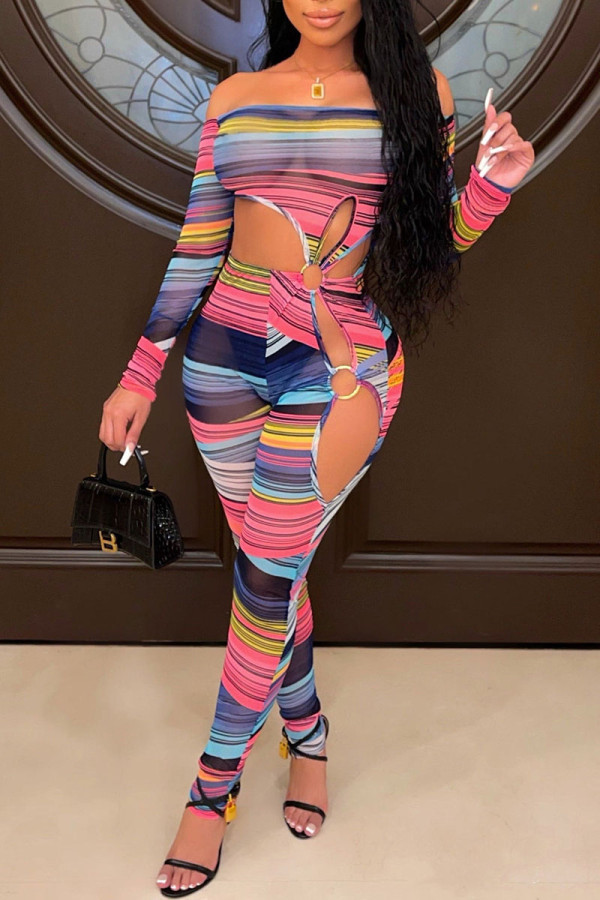 Pink Sexy Print Hollowed Out Patchwork Off the Shoulder Regular Jumpsuits