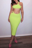 Green Fashion Sexy Solid Patchwork Backless One Shoulder Sleeveless Two Pieces