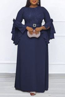 Deep Blue Elegant Solid Split Joint O Neck Long Dress Plus Size Dresses