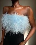 Blue Sexy Solid Patchwork Feathers Strapless Tops