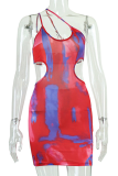 Blue Sexy Print Patchwork Spaghetti Strap Pencil Skirt Dresses