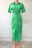 Yellow Casual Solid Hollowed Out Patchwork Buckle Backless Turndown Collar Shirt Dress Dresses