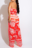 Tangerine Red Fashion Print Patchwork Strapless Sleeveless Two Pieces