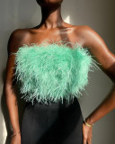 Green Sexy Solid Patchwork Feathers Strapless Tops