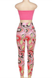 Pink Fashion Sexy Print Backless Strapless Sleeveless Two Pieces