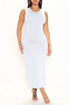 White Fashion Casual Solid Slit O Neck Sleeveless Dress