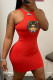 Red Fashion Sexy Print Letter O Neck One Step Skirt Dresses