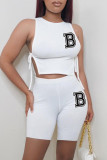 White Fashion Casual Letter Print Bandage O Neck Sleeveless Two Pieces