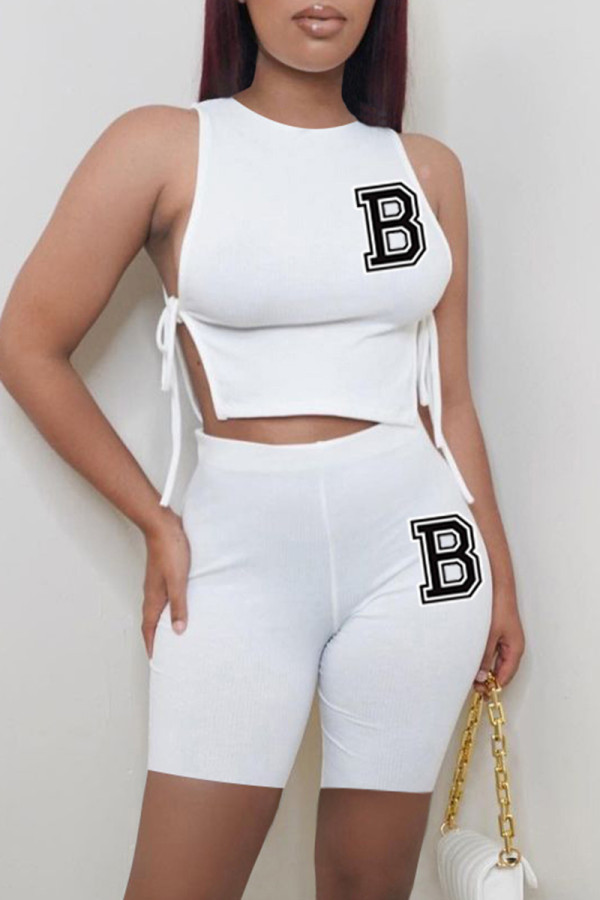 White Fashion Casual Letter Print Bandage O Neck Sleeveless Two Pieces