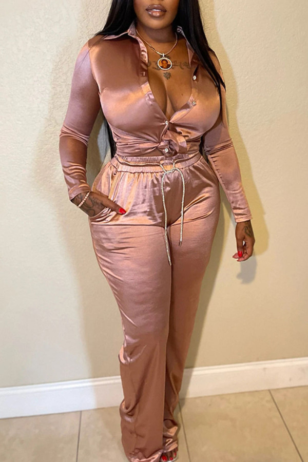 Pink Casual Solid Patchwork Buckle Turndown Collar Long Sleeve Two Pieces