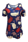 Red Fashion Casual Print Hollowed Out V Neck T-Shirts