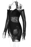 Black Sexy Solid Patchwork Spaghetti Strap Long Sleeve Two Pieces