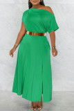 Green Fashion Casual Solid Patchwork Oblique Collar Short Sleeve Dress (Without Belt)