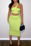 Green Fashion Sexy Solid Patchwork Backless One Shoulder Sleeveless Two Pieces