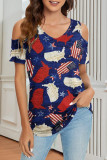 Red Fashion Casual Print Hollowed Out V Neck T-Shirts