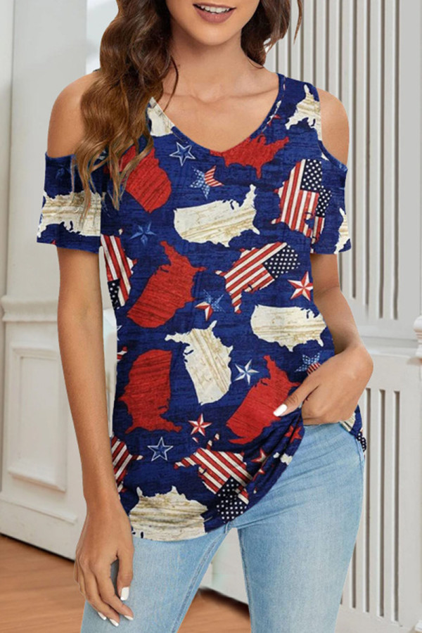 Blue Fashion Casual Print Hollowed Out V Neck T-Shirts