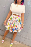 White Fashion Print Patchwork O Neck Short Sleeve Two Pieces