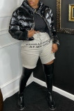 Grey Fashion Casual Letter Print Basic Regular High Waist Shorts