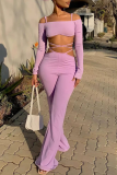 Purple Sexy Solid Hollowed Out Spaghetti Strap Long Sleeve Two Pieces