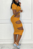 Yellow Fashion Casual Solid Hollowed Out O Neck Short Sleeve Dress