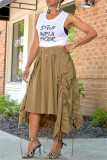 Khaki Fashion Casual Solid Asymmetrical Regular High Waist Skirt