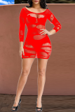 Red Sexy Solid Mesh O Neck Pencil Skirt Dresses