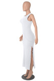 White Fashion Casual Solid Slit O Neck Sleeveless Dress