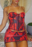 Red Sexy Print Patchwork Strapless Pencil Skirt Dresses
