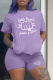 Purple Casual Print Patchwork O Neck Short Sleeve Two Pieces