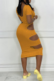 Yellow Fashion Casual Solid Hollowed Out O Neck Short Sleeve Dress