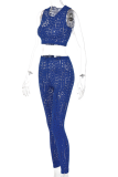 Blue Fashion Solid Patchwork U Neck Sleeveless Two Pieces