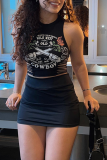 Black Sexy Print Hollowed Out O Neck Tops