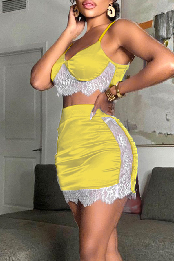 Yellow Sexy Solid Patchwork Spaghetti Strap Sleeveless Two Pieces