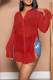 Red Casual Solid Patchwork Buckle See-through Turndown Collar Tops