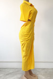 Yellow Casual Solid Hollowed Out Patchwork Buckle Backless Turndown Collar Shirt Dress Dresses