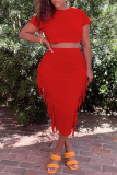 Red Fashion Solid Tassel O Neck Short Sleeve Two Pieces