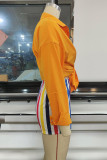 Yellow Casual Striped Print Patchwork Buckle Turndown Collar Long Sleeve Two Pieces