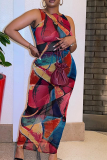 Rose Red Sexy Print Mesh O Neck Pencil Skirt Dresses