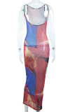 Rose Red Sexy Print Mesh O Neck Pencil Skirt Dresses